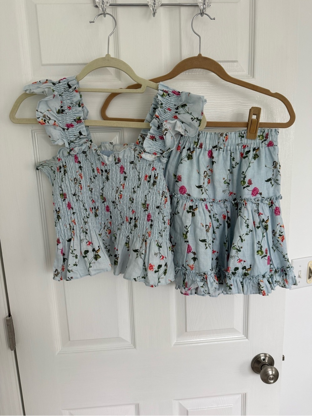 Hill House Light Blue Floral Ruffle Crop Top and Skirt Set